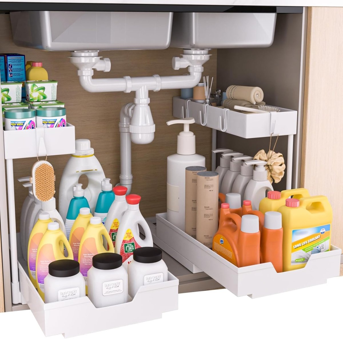 2 Pack Under Sink Organizer 2 Tier Sliding Cabinet Organizers Multi - Purpose Sink Storage Basket L - Shape Narrow Space Storage Shelves with 4 Hook for Kitchen Bathroom Drawer, Black - Homesidy.com