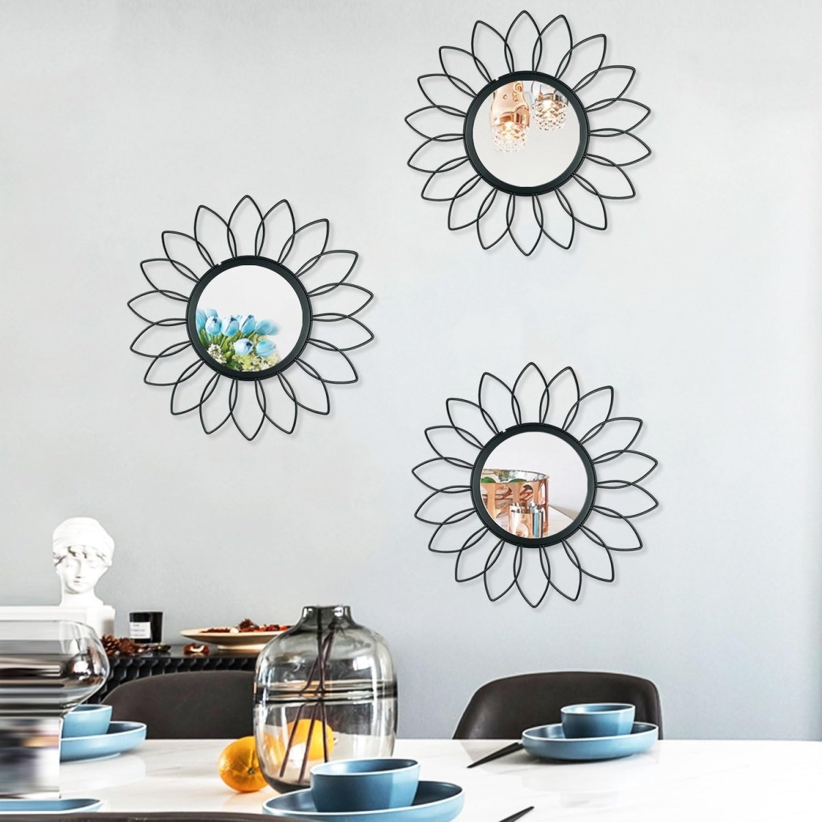 3 Pack Metal Mirrors for Wall Sunburst Wall Mirrors Home Décor Decorative Hanging Wall Art for Living Room Bedroom Entryway (Gold, Flower Sunburst) - Homesidy.com