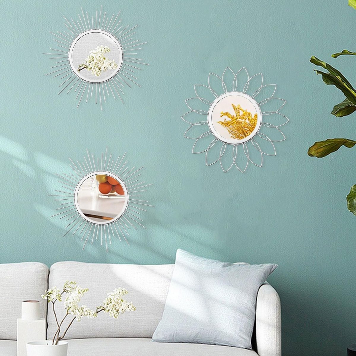 3 Pack Metal Mirrors for Wall Sunburst Wall Mirrors Home Décor Decorative Hanging Wall Art for Living Room Bedroom Entryway (Gold, Flower Sunburst) - Homesidy.com
