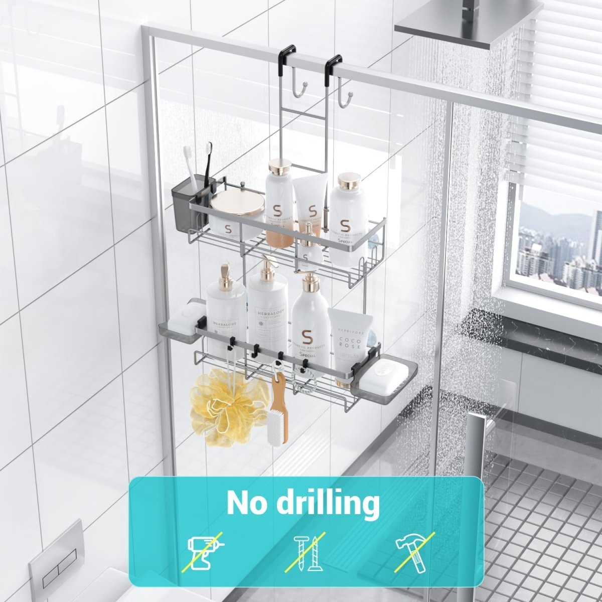 Aitatty Over the Door Shower Caddy Hanging: Black Rustproof Shower Organizer over the Door - No Drilling Bathroom Rack for Inside - Homesidy.com