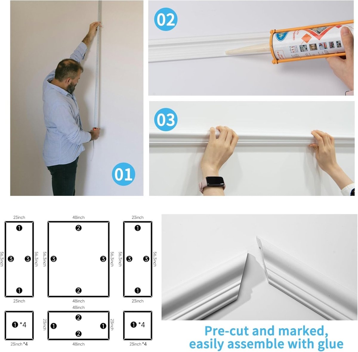 Art3d Pre - Cut Wall Molding Set of 6 pcs, Ready - to - Assemble Wainscoting Panels for Interior Wall Décor Living Room Bedroom Accent Wall - Installed with Glue, 3 Top 3 Bottom - Homesidy.com
