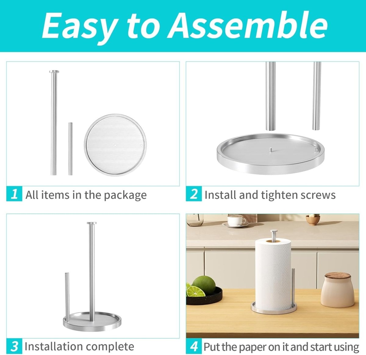 Paper Towel Holder Countertop, Standing Paper Roll Holder with Anti Slip Weighted Base, Stainless Steel Freestanding Paper Towel Holder for Kitchen, Black - Homesidy.com