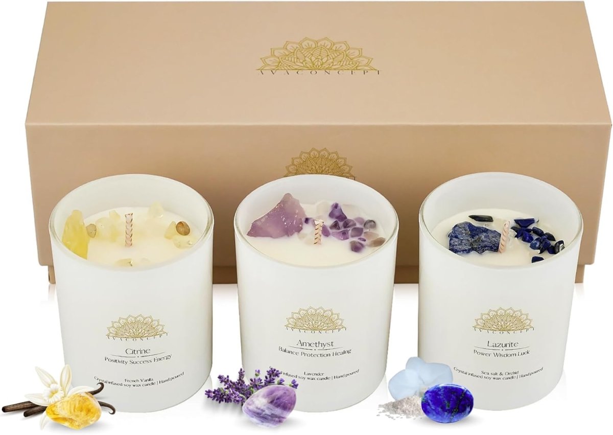 ava concept - Soy Candles with Crystals - Aromatherapy Scented Candle for Women - Lavender Vanilla Gift Set - Small Wax Melts - 3 Pack 3.5oz - Homesidy.com