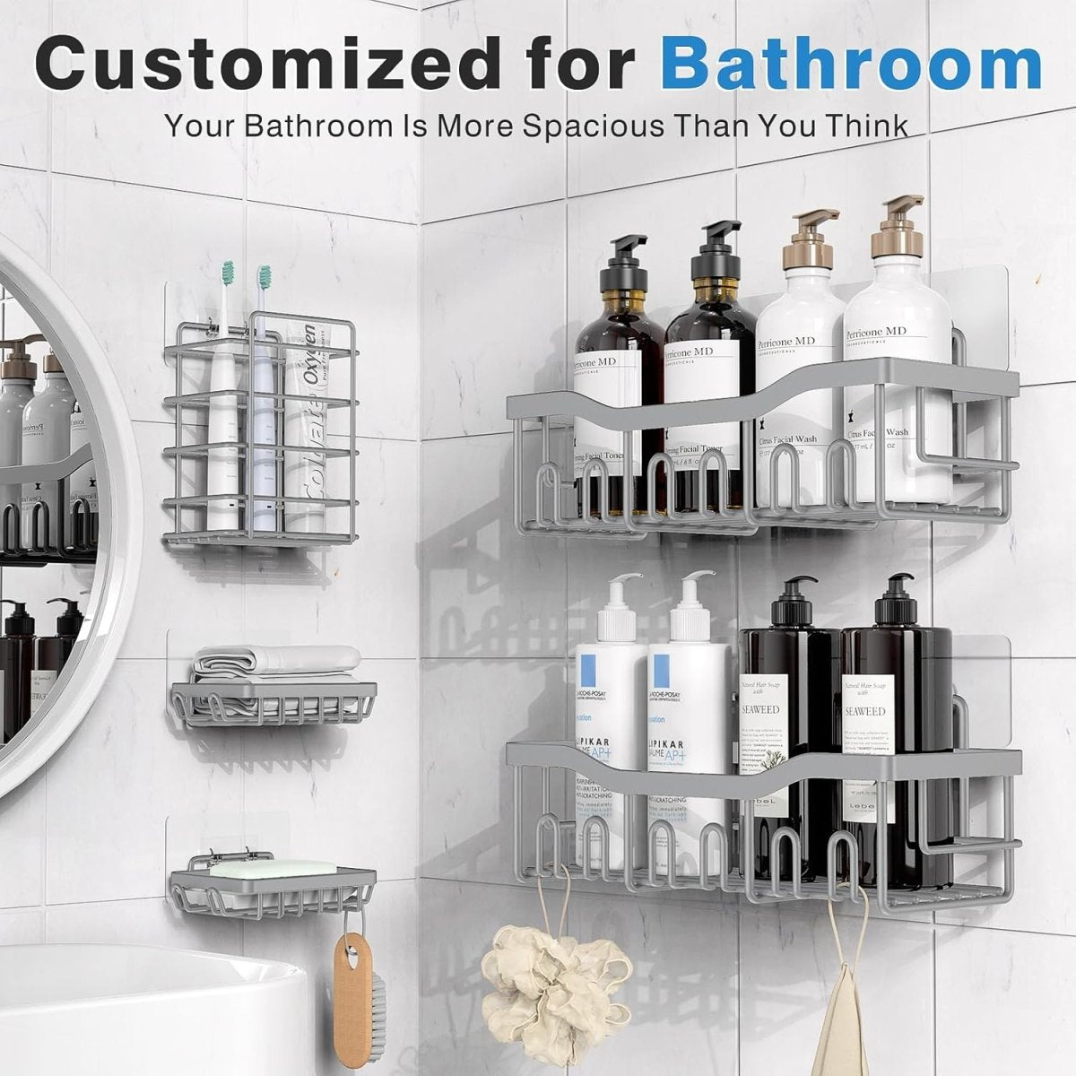 EUDELE Adhesive Shower Caddy, 5 Pack Rustproof Stainless Steel Bath Organizers With Large Capacity, No Drilling Shelves for Bathroom Storage &amp; Home Decor - Homesidy.com