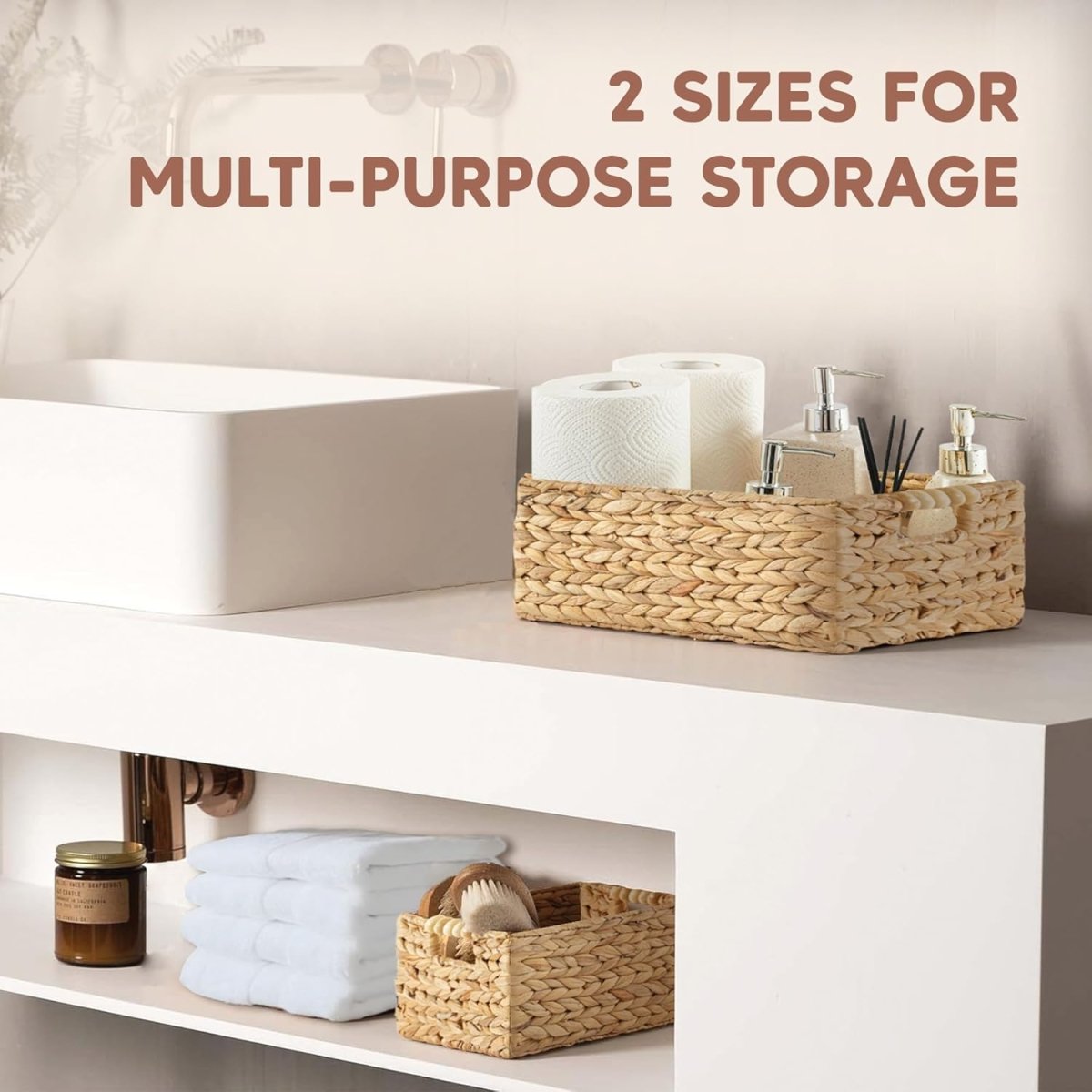 Greenatural Water Hyacinth Storage Baskets Set of 2, Handwoven Rectangular Organizer Trays with Wooden Bead Handles, Nested Wicker Bins for Shelf, Bathroom, Kitchen, Office, Natural Decor - Homesidy.com