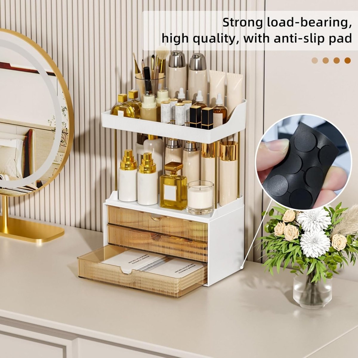 StorBin 3 Drawers Makeup Organizer - 5 Tier Bathroom Counter Organizers and Storage, Versatile Perfume Vanity Organizer, Ideal for Cosmetic, Large Skincare, Face Mask, Office Supplies, Amber - Homesidy.com