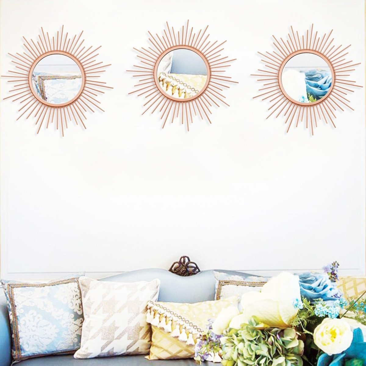 3 Pack Metal Mirrors for Wall Sunburst Wall Mirrors Home Décor Decorative Hanging Wall Art for Living Room Bedroom Entryway (Gold, Flower Sunburst) - Homesidy.com