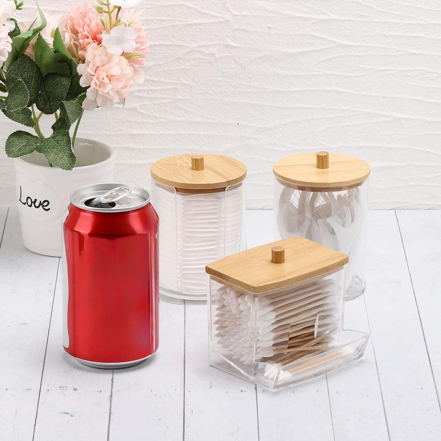Tbestmax Qtips Holder Bathroom Container, 10 OZ Cotton Ball/Swabs Dispenser, Apothecary Jar Organizer for Storage Brown Wood Lids - Homesidy.com