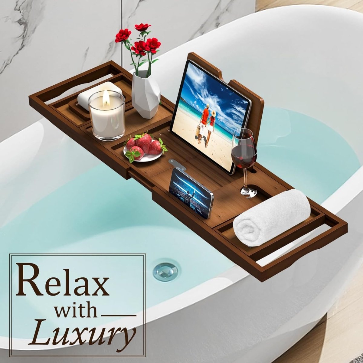 Premium Bamboo Bathtub Tray Caddy - Bath Tub Tray Table for Bathtub - Bath Caddy Tray for Bathtub, Expandable Size, Fits Most Bath Tubs - Homesidy.com
