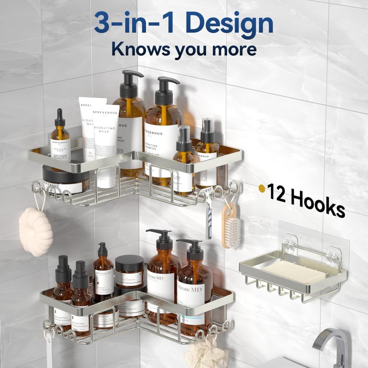 YASONIC Corner Adhesive Shower Caddy, with Soap Holder and 12 Hooks, Rustproof Stainless Steel Bathroom Organizer, No Drilling Wall Mounted Rack, Black, 3 - Pack - Homesidy.com