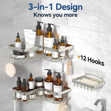 YASONIC Corner Adhesive Shower Caddy, with Soap Holder and 12 Hooks, Rustproof Stainless Steel Bathroom Organizer, No Drilling Wall Mounted Rack, Black, 3 - Pack - Homesidy.com