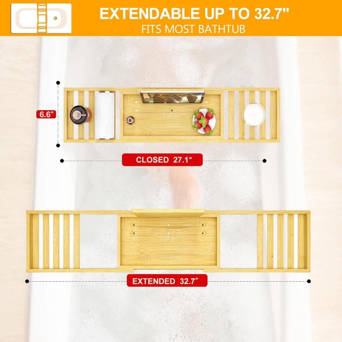 Premium Bamboo Bathtub Tray Caddy - Bath Tub Tray Table for Bathtub - Bath Caddy Tray for Bathtub, Expandable Size, Fits Most Bath Tubs - Homesidy.com