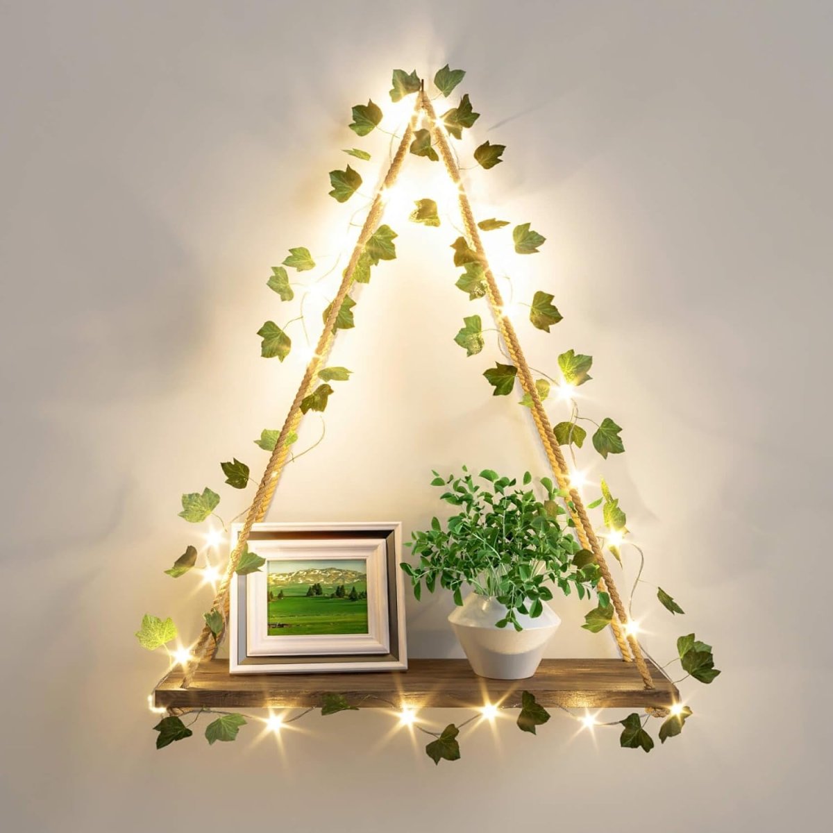 RICHER HOUSE Artificial Ivy LED - Strip Wall Hanging Shelves Set of 2, Macrame Shelf for Bedroom Living Room Kitchen, Wood Hanging Plant Shelves for Wall Décor, Thanksgiving &amp; Christmas Decorations - Homesidy.com
