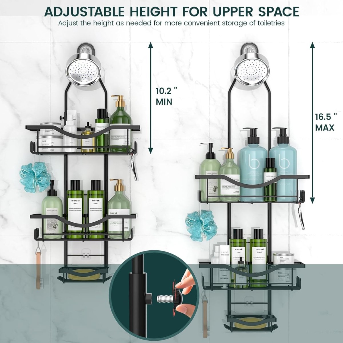 Shower Caddy Hanging Adjustable Shower Caddy, Rustproof Shower Organizer Extended Length Shower Caddy Over Shower Head with Hooks Soap Holder, Large Capacity Anti - Swing Bathroom Organizer, Black - Homesidy.com