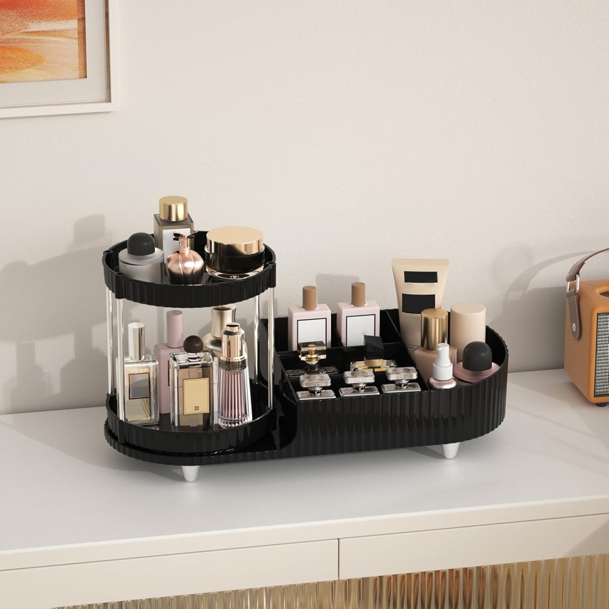 Makeup Organizer Countertop for Vanity, Rotating Perfume Tray with 5 - compartment Cosmetic and Skincare Organizers, Multi - Purpose Desk Storage Makeup Brush Holder for Bathroom Bedroom Counter - Homesidy.com