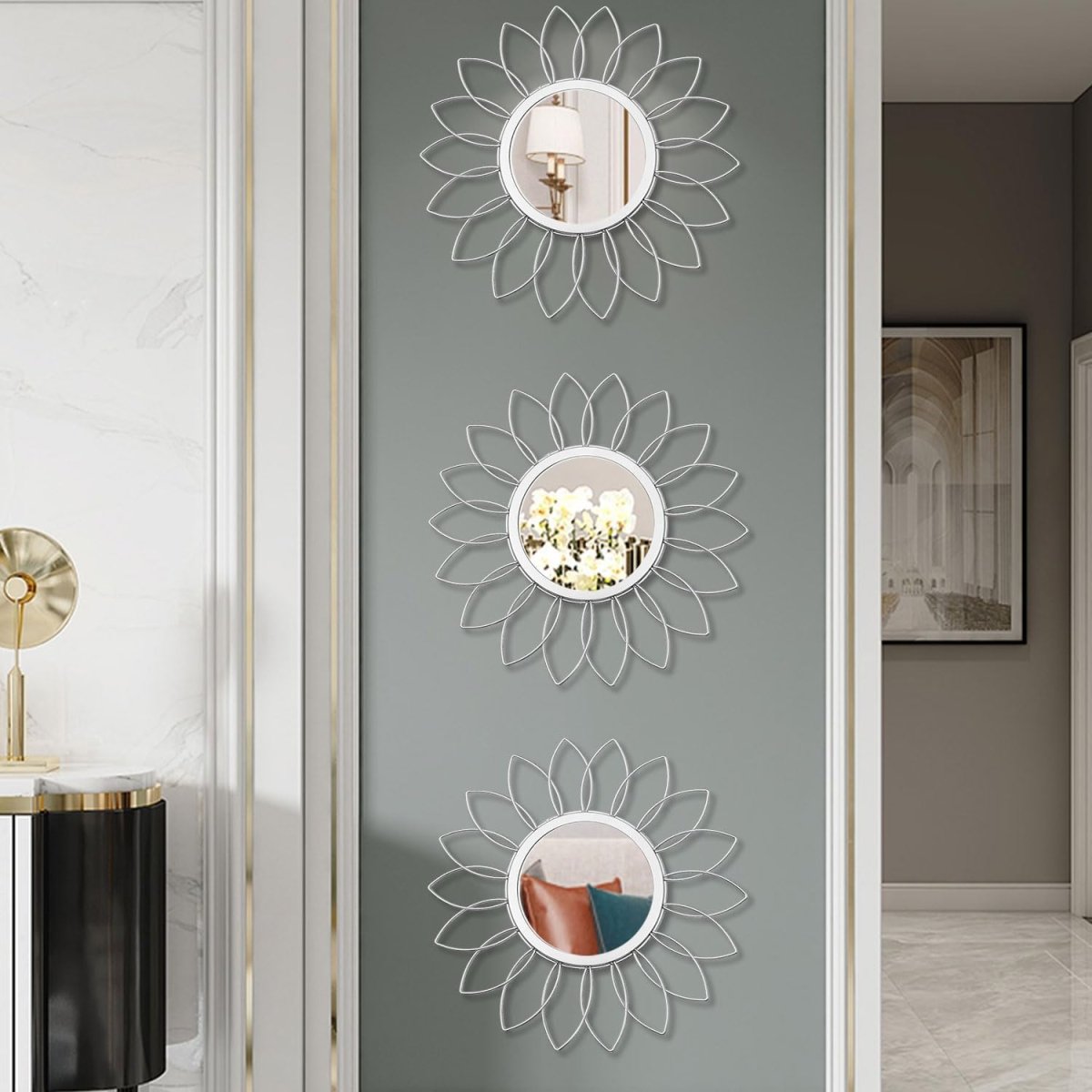3 Pack Metal Mirrors for Wall Sunburst Wall Mirrors Home Décor Decorative Hanging Wall Art for Living Room Bedroom Entryway (Gold, Flower Sunburst) - Homesidy.com