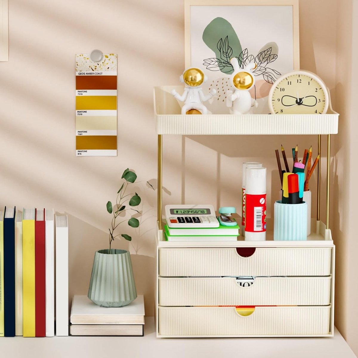 StorBin 3 Drawers Makeup Organizer - 5 Tier Bathroom Counter Organizers and Storage, Versatile Perfume Vanity Organizer, Ideal for Cosmetic, Large Skincare, Face Mask, Office Supplies, Amber - Homesidy.com