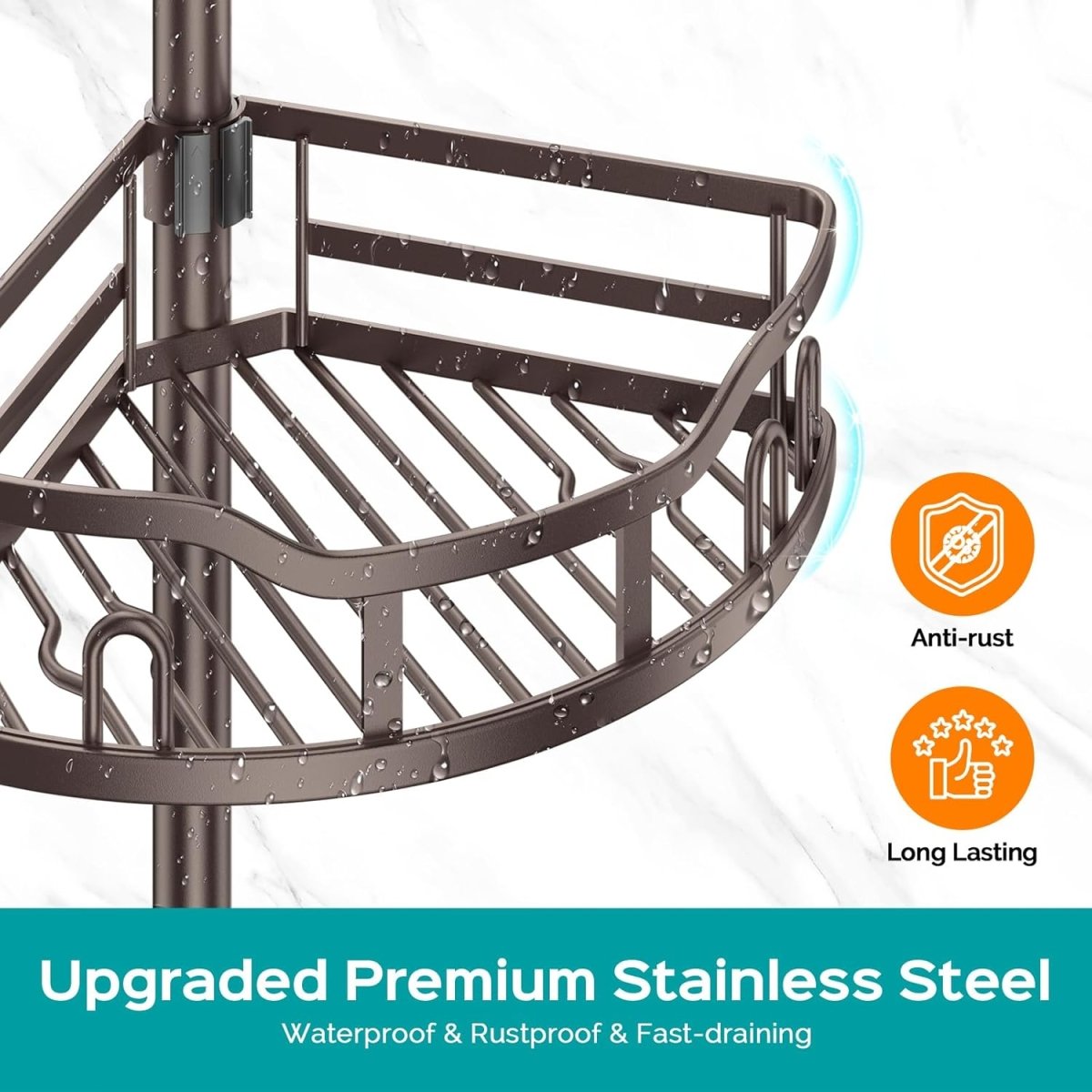 HAMITOR Corner Shower Caddy Tension Pole: Rustproof 4 - Tier Bathroom Organizer Shelves for Bathtub Shampoo Storage - 47 - 121 Inch Quick Install Adjustable Rod Standing Rack with Soap Rack - Silver Gray - Homesidy.com