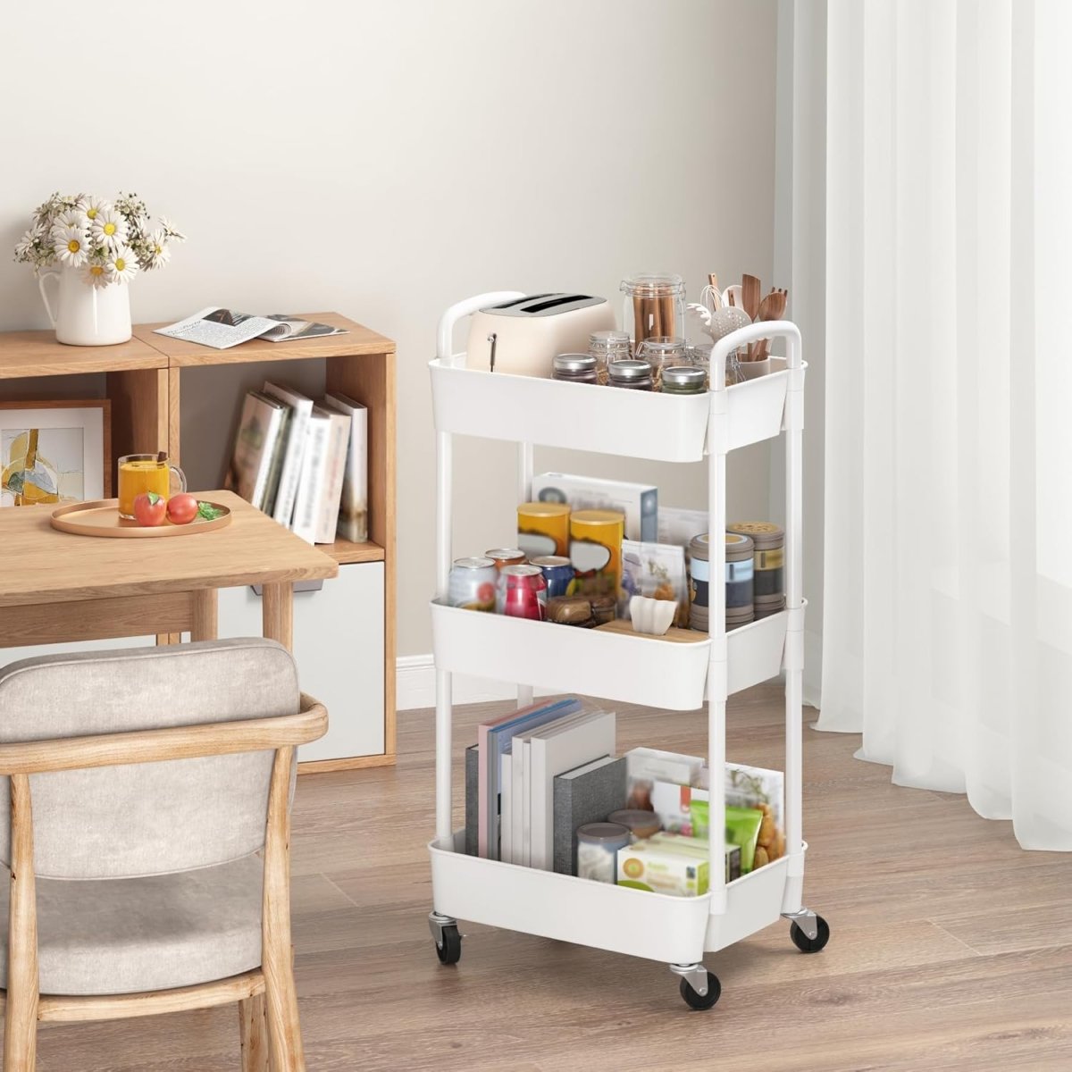 Sywhitta 3 - Tier Plastic Rolling Utility Cart with Handle, Multi - Functional Storage Trolley for Office, Living Room, Kitchen, Movable Storage Organizer with Wheels, White - Homesidy.com