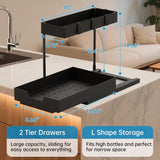 2 Pack Under Sink Organizer 2 Tier Sliding Cabinet Organizers Multi - Purpose Sink Storage Basket L - Shape Narrow Space Storage Shelves with 4 Hook for Kitchen Bathroom Drawer, Black - Homesidy.com