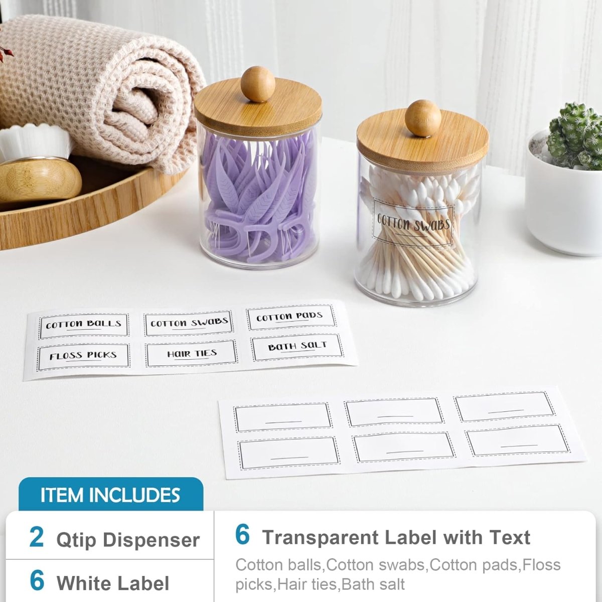 4 Pack Qtip Holder Dispenser with Bamboo Lids - 10 oz Clear Plastic Apothecary Jar Containers for Vanity Makeup Organizer Storage - Bathroom Accessories Set for Cotton Swab, Ball, Pads, Floss - Homesidy.com