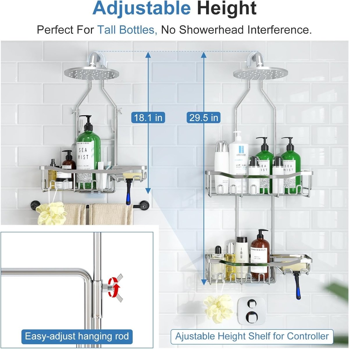 Joqixon Upgraded Extended Length Shower Organizer with Hooks, Rustproof Shampoo Soap Holder, Large Hanging Bathroom Caddy - Homesidy.com