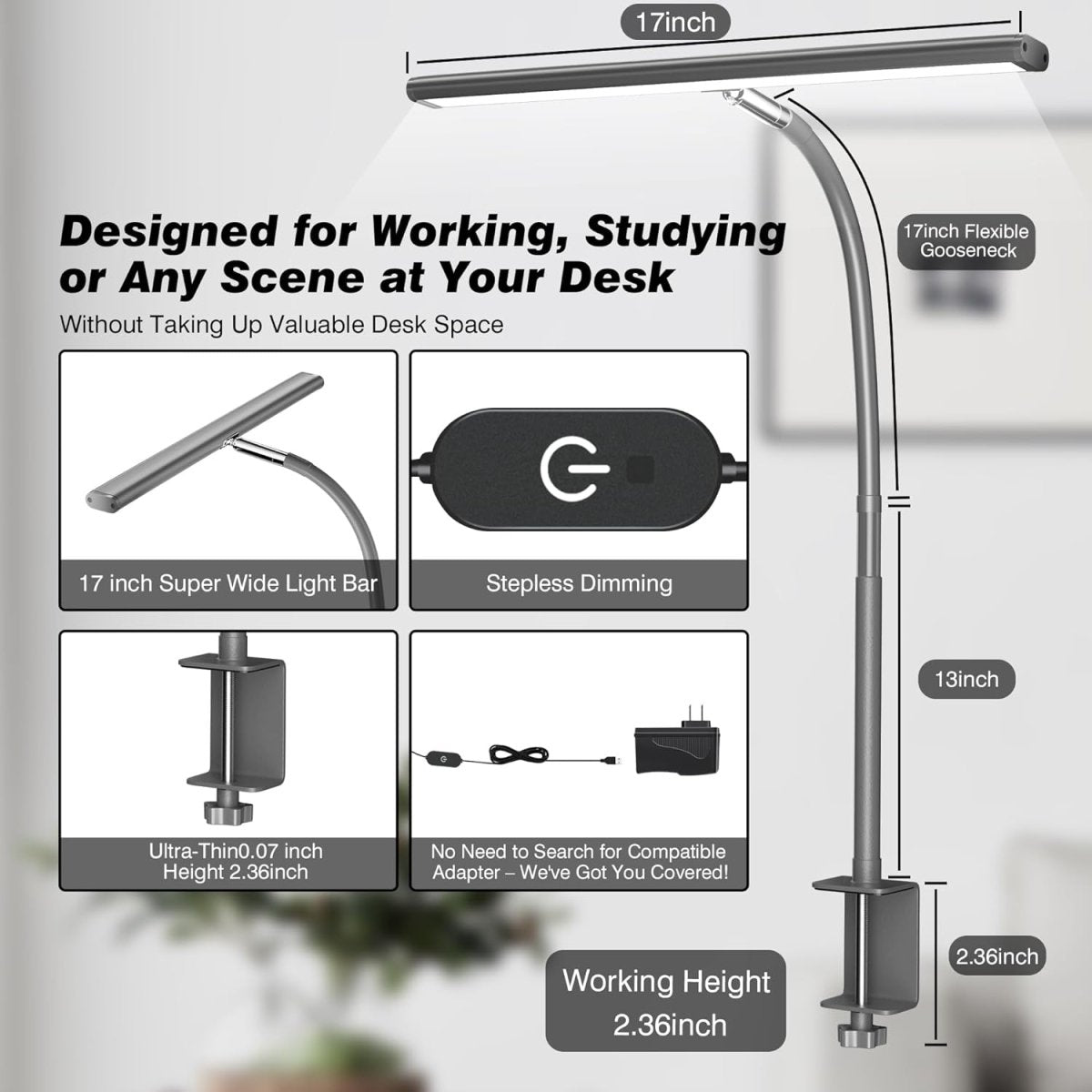 Airlonv LED Desk Lamp for Office Home, Eye - Caring Desk Light with Stepless Dimming Adjustable Flexible Gooseneck, 10W USB Adapter Desk Lamp with Clamp for Reading, Study, Workbench (Black) - Homesidy.com