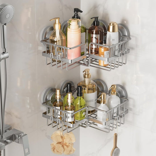 LEVERLOC Corner - adaptive Suction Cup Shower Caddies 2 Pack, Stainless Steel Rustproof Corner Shower Shelf, Large Capacity Removable Suction Cup Bathroom Organizer, Drill - Free Wall Mounted Basket, Gray - Homesidy.com