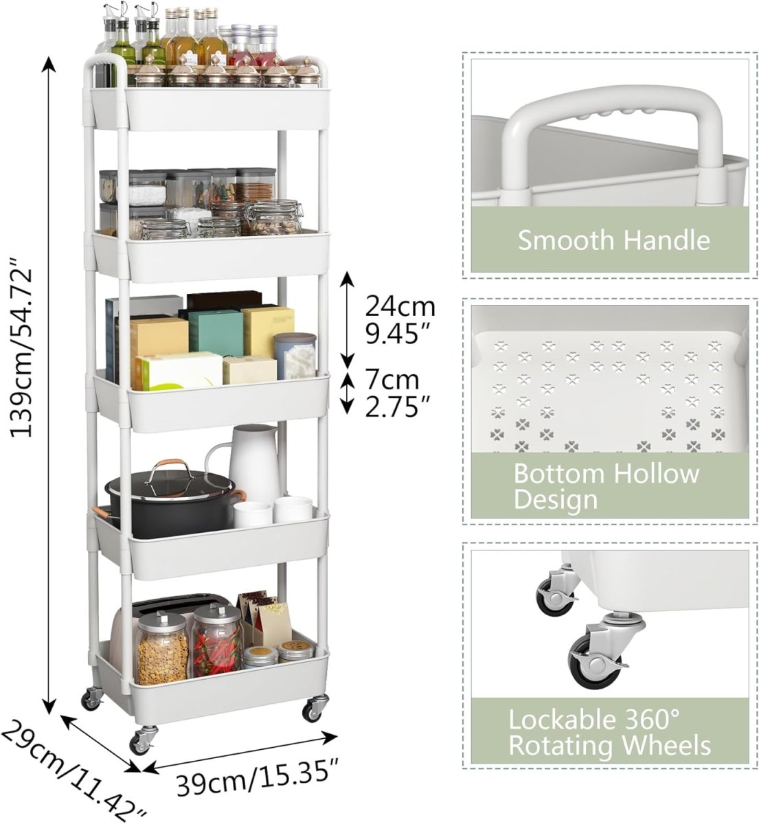 Sywhitta 3 - Tier Plastic Rolling Utility Cart with Handle, Multi - Functional Storage Trolley for Office, Living Room, Kitchen, Movable Storage Organizer with Wheels, White - Homesidy.com