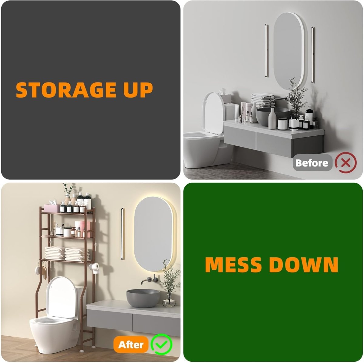 GloTika 3 - Tier Over The Toilet Storage, Space Saver Metal Bathroom Shelves, Freestanding Above Over Toilet Storage Shelf with 4 Hooks for Bathroom, Black - Homesidy.com