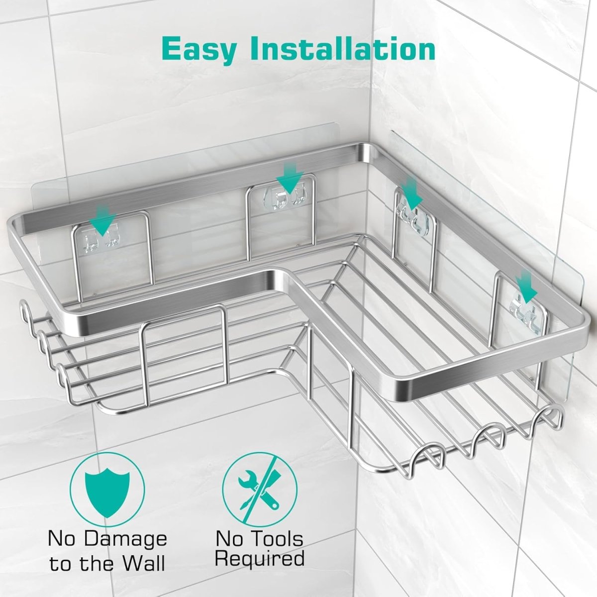 YASONIC Corner Adhesive Shower Caddy, with Soap Holder and 12 Hooks, Rustproof Stainless Steel Bathroom Organizer, No Drilling Wall Mounted Rack, Black, 3 - Pack - Homesidy.com