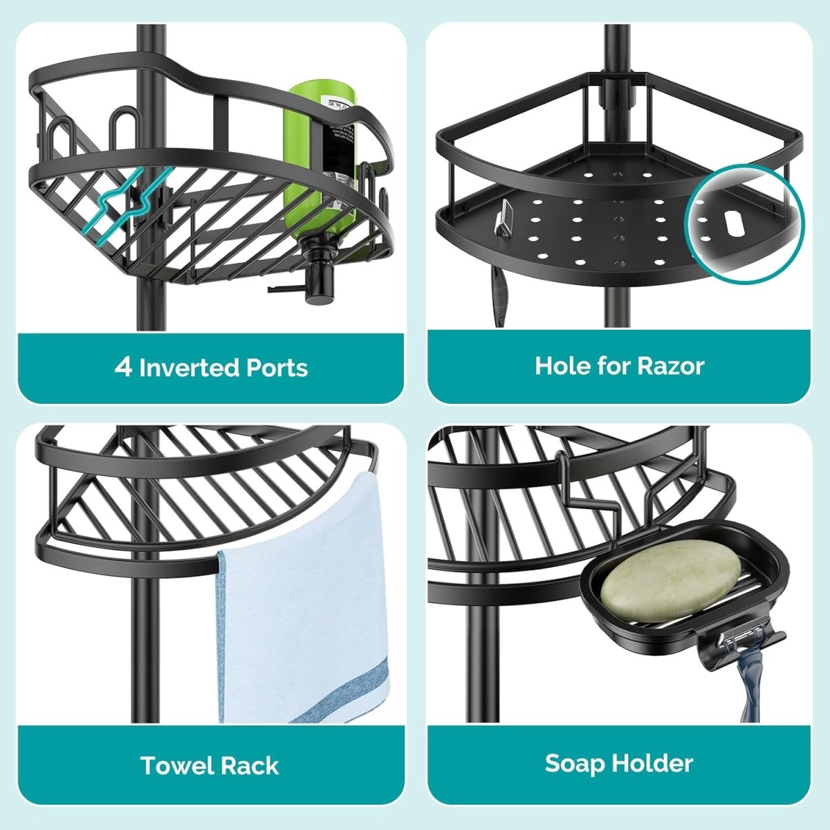 HAMITOR Corner Shower Caddy Tension Pole: Rustproof 4 - Tier Bathroom Organizer Shelves for Bathtub Shampoo Storage - 47 - 121 Inch Quick Install Adjustable Rod Standing Rack with Soap Rack - Silver Gray - Homesidy.com