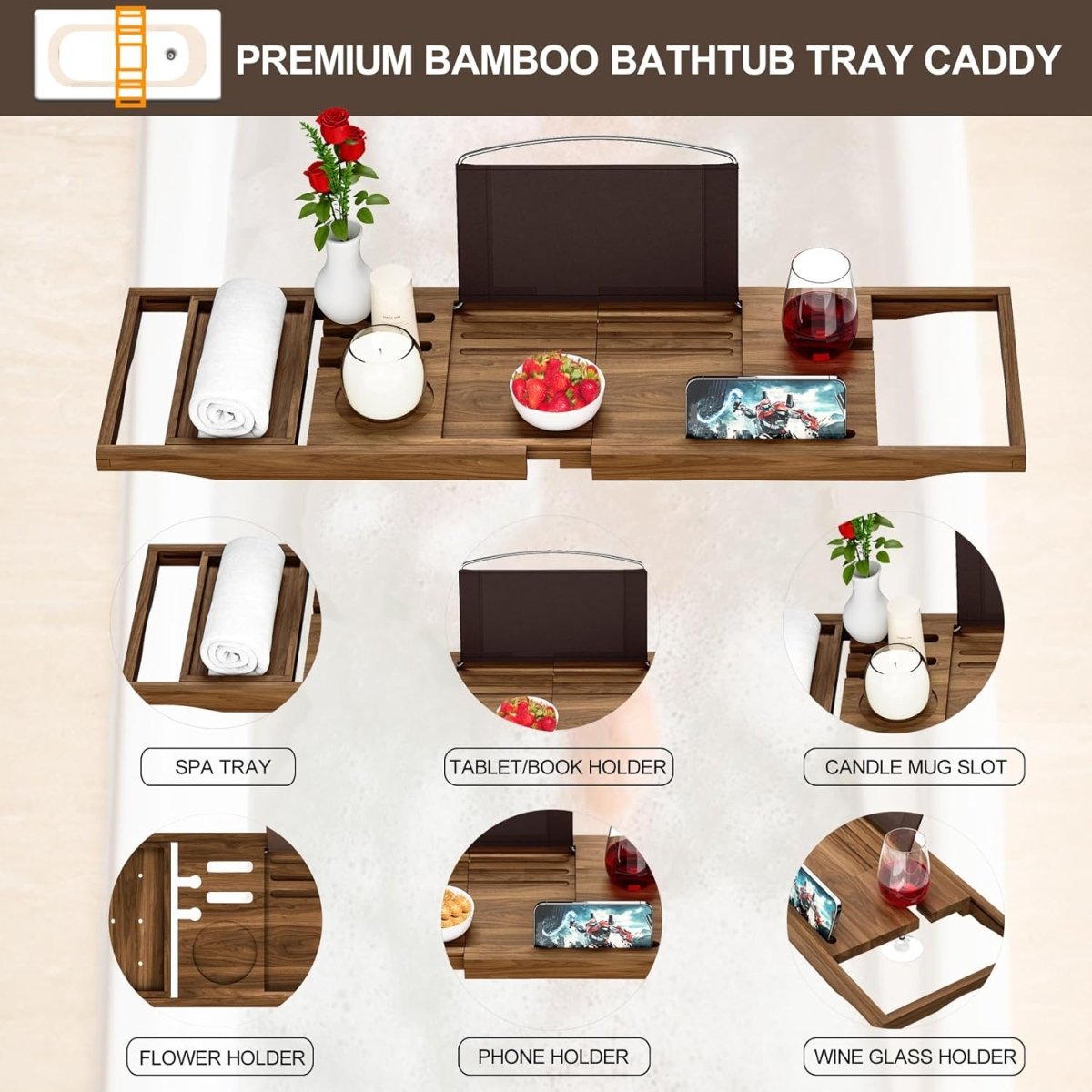 Premium Bamboo Bathtub Tray Caddy - Bath Tub Tray Table for Bathtub - Bath Caddy Tray for Bathtub, Expandable Size, Fits Most Bath Tubs - Homesidy.com