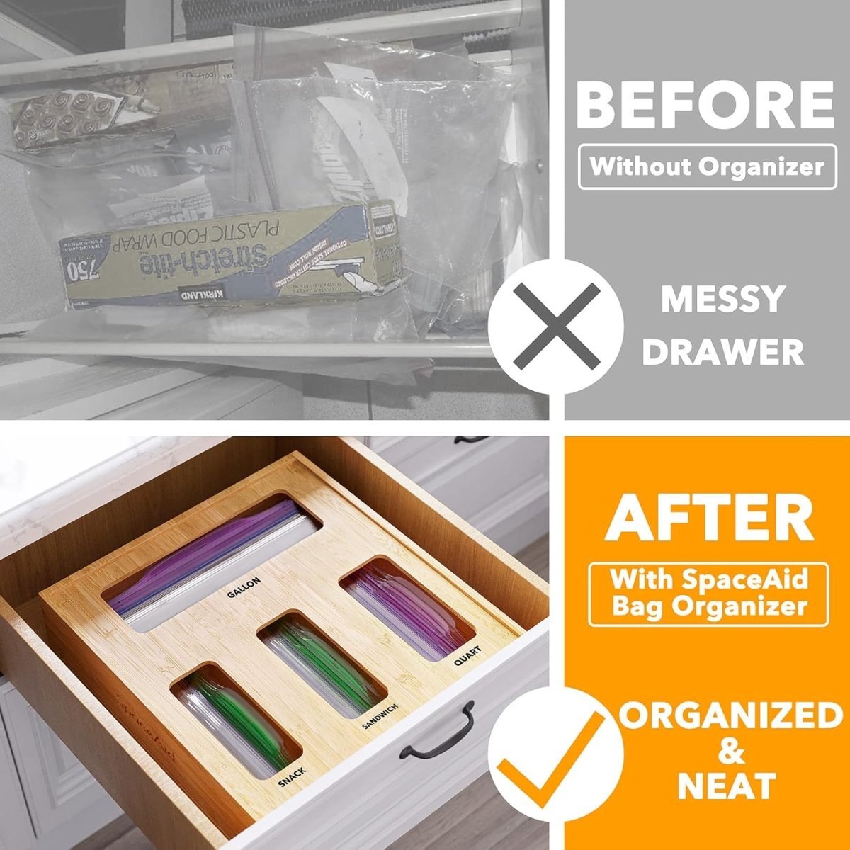 SpaceAid Bag Storage Organizer for Kitchen Drawer, Bamboo Organizer, Compatible with Gallon, Quart, Sandwich and Snack Variety Size Bag (1 Box 4 Slots) - Homesidy.com