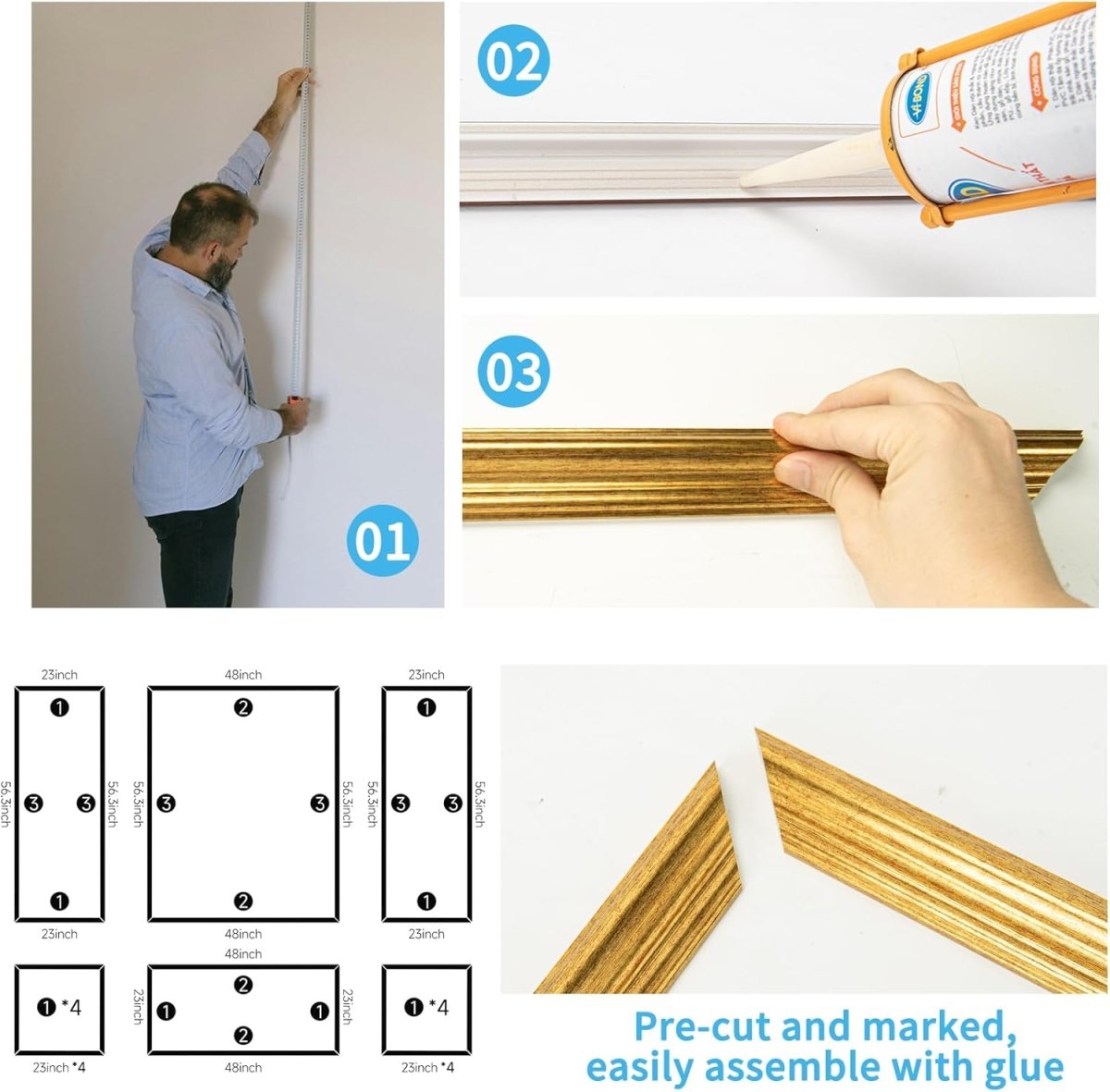 Art3d Pre - Cut Wall Molding Set of 6 pcs, Ready - to - Assemble Wainscoting Panels for Interior Wall Décor Living Room Bedroom Accent Wall - Installed with Glue, 3 Top 3 Bottom - Homesidy.com