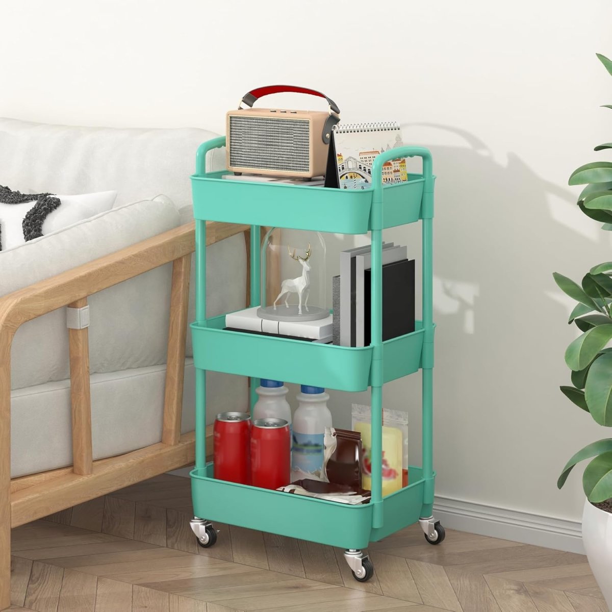 Sywhitta 3 - Tier Plastic Rolling Utility Cart with Handle, Multi - Functional Storage Trolley for Office, Living Room, Kitchen, Movable Storage Organizer with Wheels, White - Homesidy.com