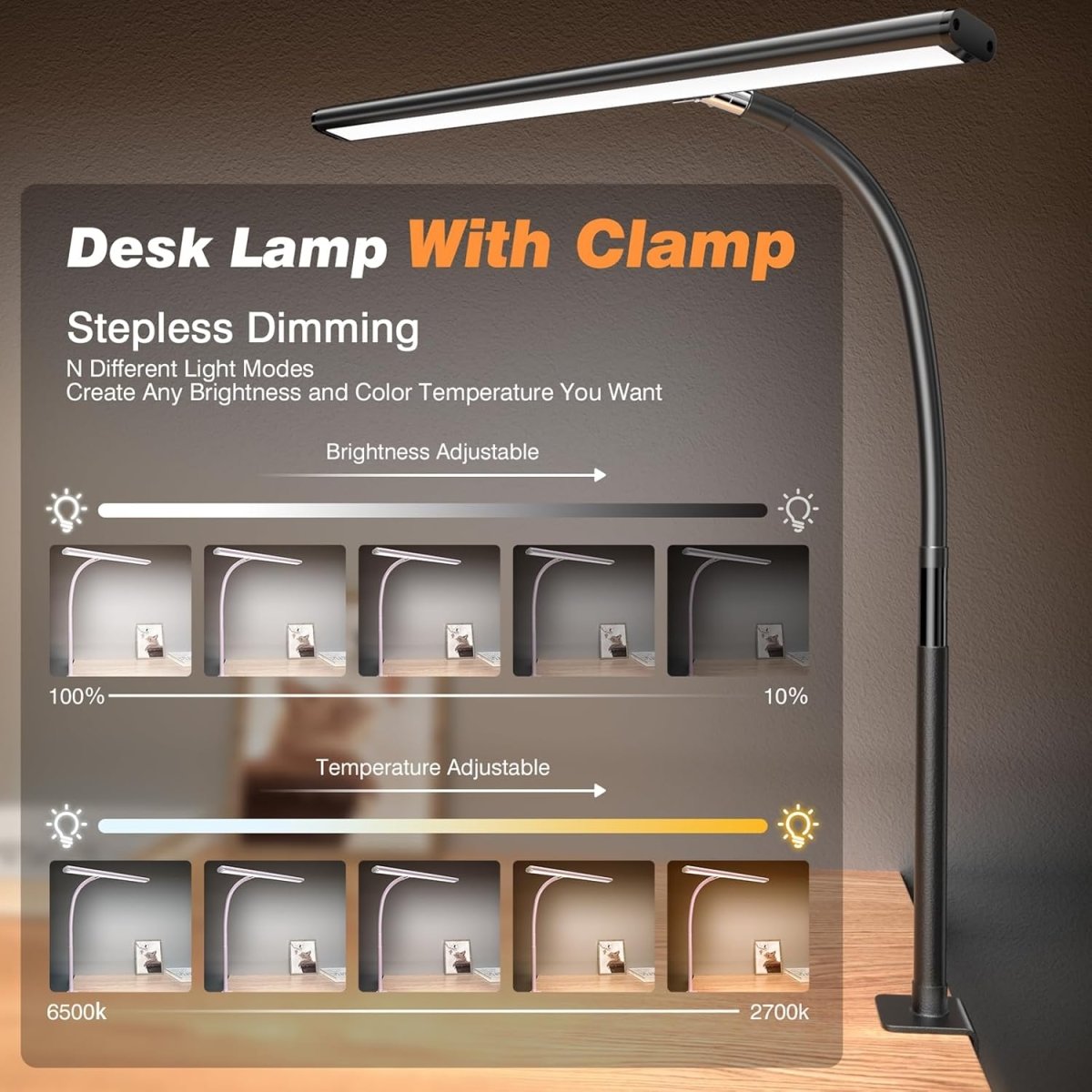 Airlonv LED Desk Lamp for Office Home, Eye - Caring Desk Light with Stepless Dimming Adjustable Flexible Gooseneck, 10W USB Adapter Desk Lamp with Clamp for Reading, Study, Workbench (Black) - Homesidy.com