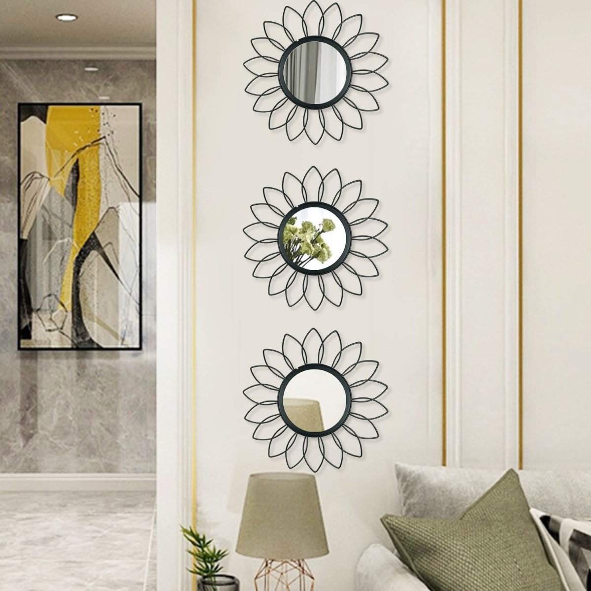 3 Pack Metal Mirrors for Wall Sunburst Wall Mirrors Home Décor Decorative Hanging Wall Art for Living Room Bedroom Entryway (Gold, Flower Sunburst) - Homesidy.com