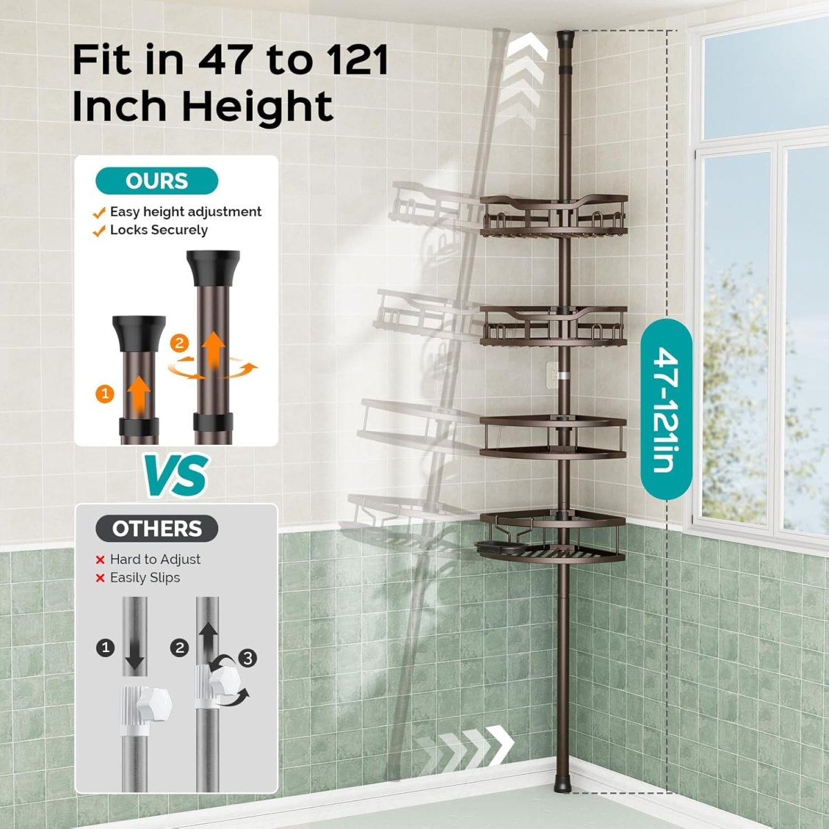 HAMITOR Corner Shower Caddy Tension Pole: Rustproof 4 - Tier Bathroom Organizer Shelves for Bathtub Shampoo Storage - 47 - 121 Inch Quick Install Adjustable Rod Standing Rack with Soap Rack - Silver Gray - Homesidy.com