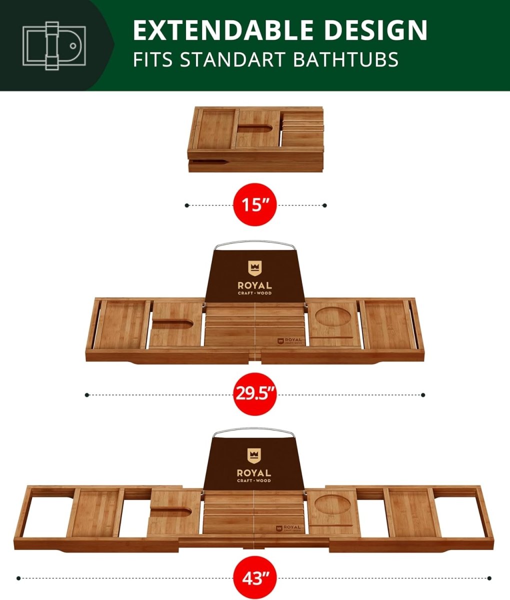 ROYAL CRAFT WOOD Bathtub Tray Caddy for Tub, Bamboo Bath Shelf, Premium Foldable Wood Bath Table, Expandable Bathtub &amp; Bathroom Accessories, New Home Gifts for Mom, Housewarming, Anniversary, Wedding - Homesidy.com