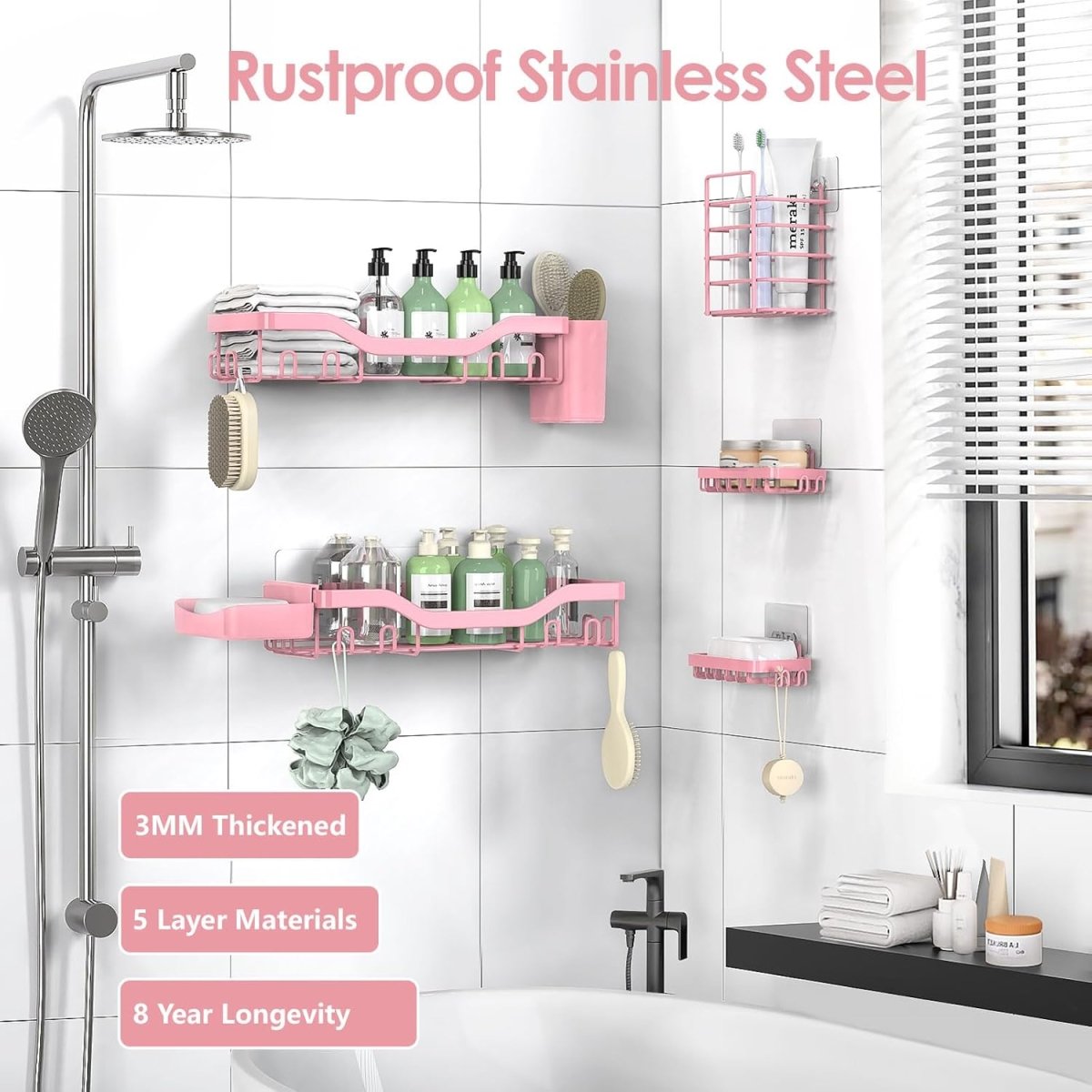 NESOMI Shower Caddy Adhesive Shower Organizer 7 - Pack, Rustproof Stainless Steel Bathroom Shelves, Large Capacity No - Drill Rack Storage Accessories with Soap Dish Toothbrush Holder &amp;24 Hooks Home Decor - Homesidy.com