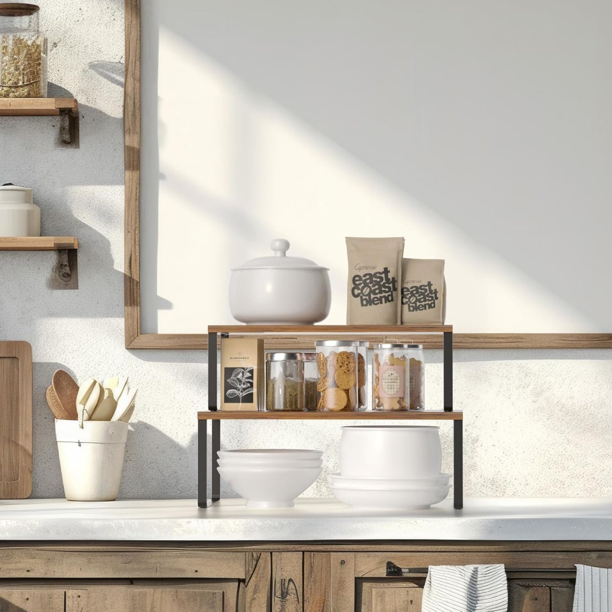 NEX Bamboo Kitchen Cabinet and Counter Shelf Organizer, Stackable &amp; Expandable, Set of 4, White and Natural - Homesidy.com