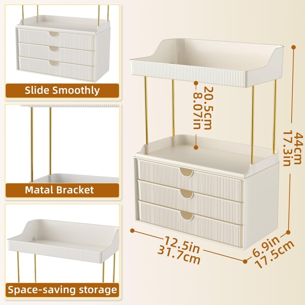 StorBin 3 Drawers Makeup Organizer - 5 Tier Bathroom Counter Organizers and Storage, Versatile Perfume Vanity Organizer, Ideal for Cosmetic, Large Skincare, Face Mask, Office Supplies, Amber - Homesidy.com