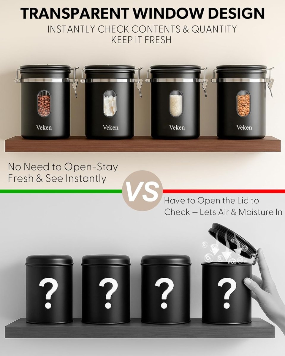 Veken Coffee Canister with Window,Airtight Stainless Steel Pantry Container,Home Kitchen Food Storage Organizers for Ground,Beans,Espresso,Rice,Tea,Sugar,Cereal, Flour,Bar Accessories,Gifts,22OZ,Black - Homesidy.com