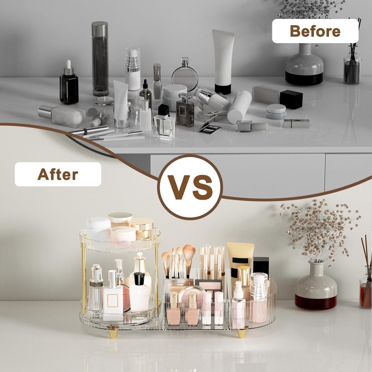 Makeup Organizer Countertop for Vanity, Rotating Perfume Tray with 5 - compartment Cosmetic and Skincare Organizers, Multi - Purpose Desk Storage Makeup Brush Holder for Bathroom Bedroom Counter - Homesidy.com