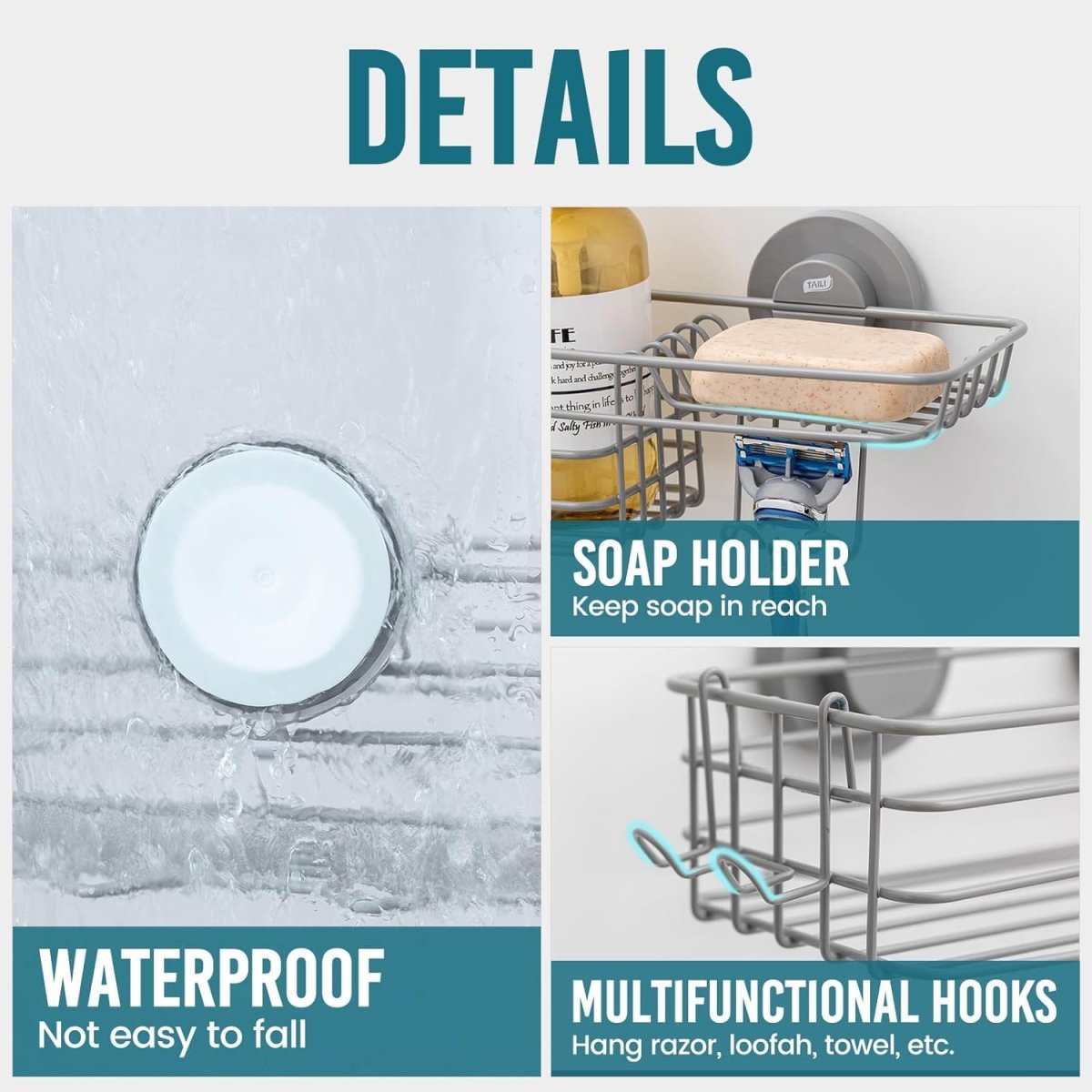 TAILI Shower Caddy Suction Cup 2 Pack with Hooks &amp; Soap holder, Heavy Duty Shower Organizer for Bathroom, No Drilling Bathroom Organizer with Large Capacity, Black Metal Storage Basket - Homesidy.com