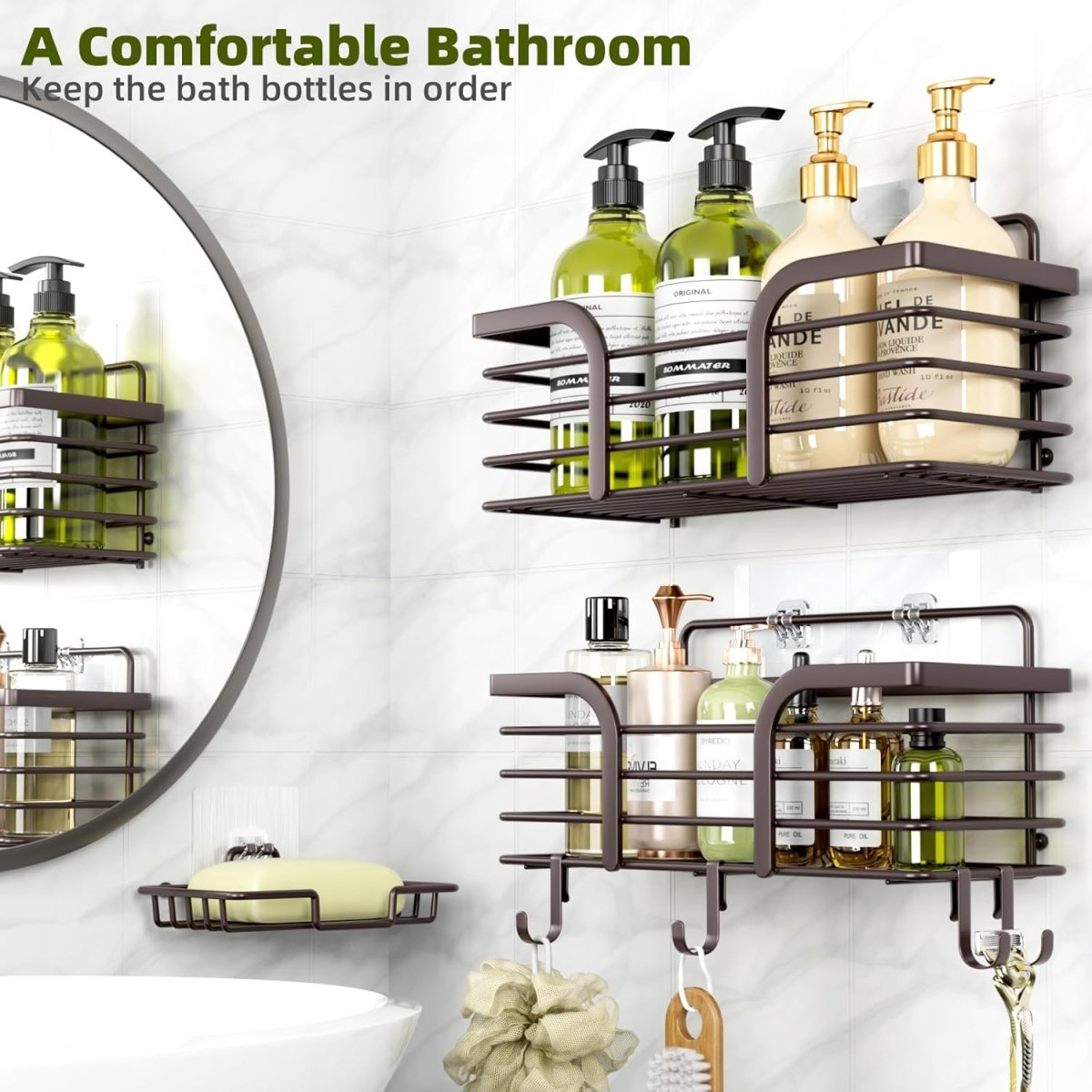Shower Caddy, Adhesive Shower Organizer with Soap Dish and 4 Hooks, Rustproof Stainless Steel Shower Shelves, Wall Mounted No Drilling Storage Shelf Basket Accessories for Bathroom &amp; Kitchen - Homesidy.com