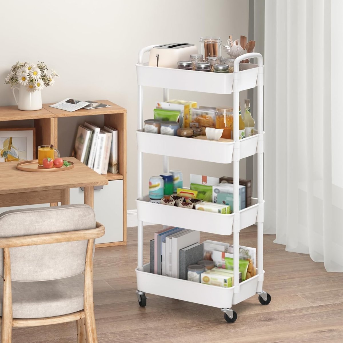 Sywhitta 3 - Tier Plastic Rolling Utility Cart with Handle, Multi - Functional Storage Trolley for Office, Living Room, Kitchen, Movable Storage Organizer with Wheels, White - Homesidy.com