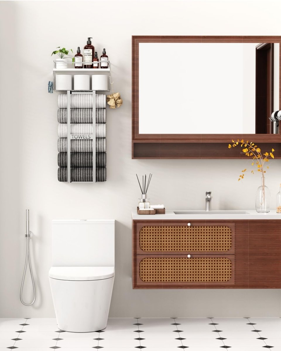 Aetyord Towel Racks for Bathroom 31inch Wall Mounted Towel Rack,Floating Shelf with Wood Plank,Towel Storage for Bathroom can Holds 6 Large Rolled Towels,All Black - Homesidy.com