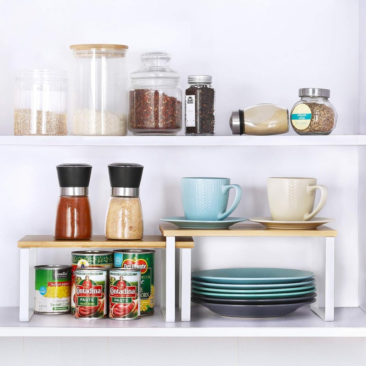 NEX Bamboo Kitchen Cabinet and Counter Shelf Organizer, Stackable &amp; Expandable, Set of 4, White and Natural - Homesidy.com